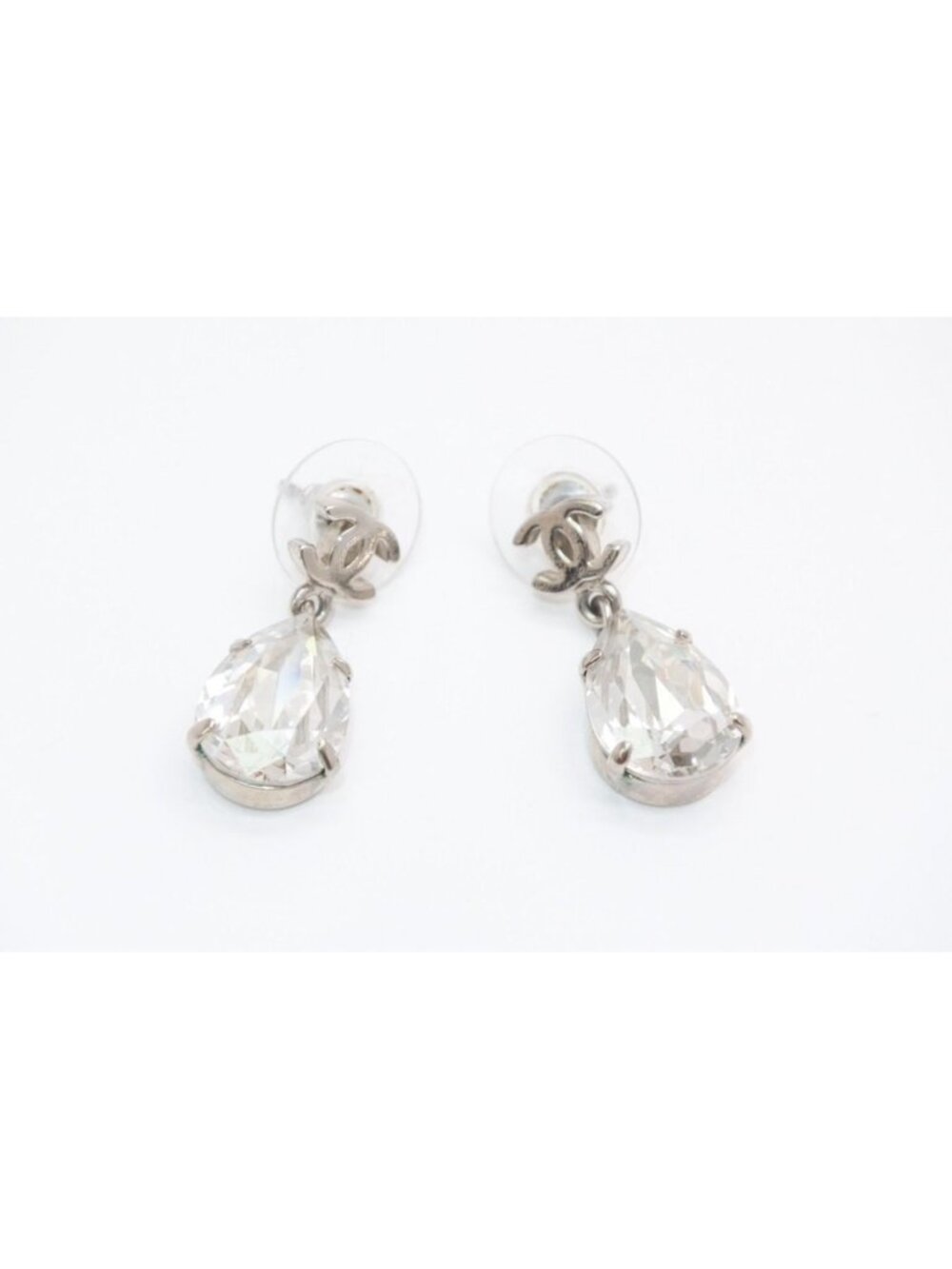 Chanel CC Logo Drop Shape Large Rhinestone Earrings Metal